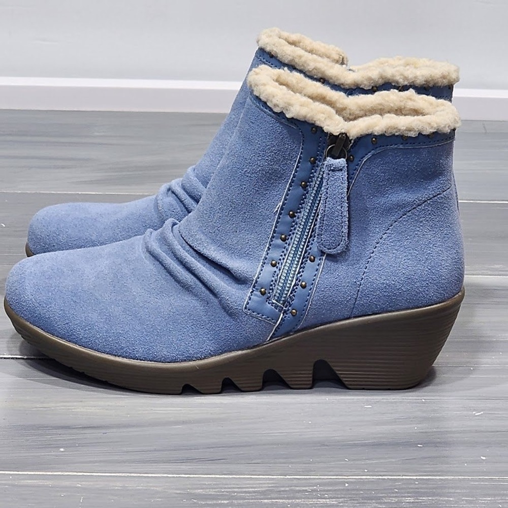 Skechers‎ Booties Jumper Sweet Stud Blue Suede Sherpa Lined Wedge Boots Size 6 - Picture 7 of 12